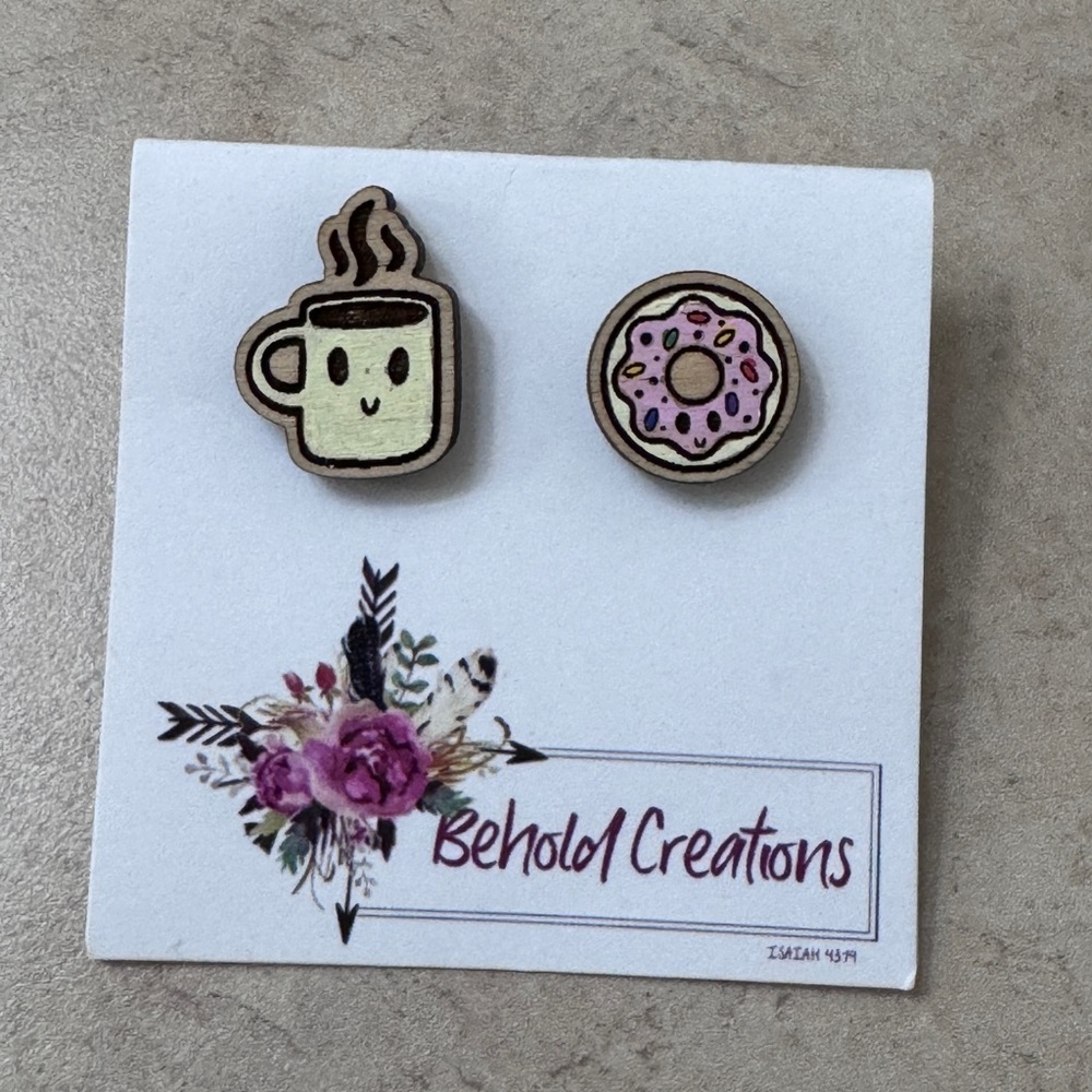 Wooden Coffee and Doughnut Earrings